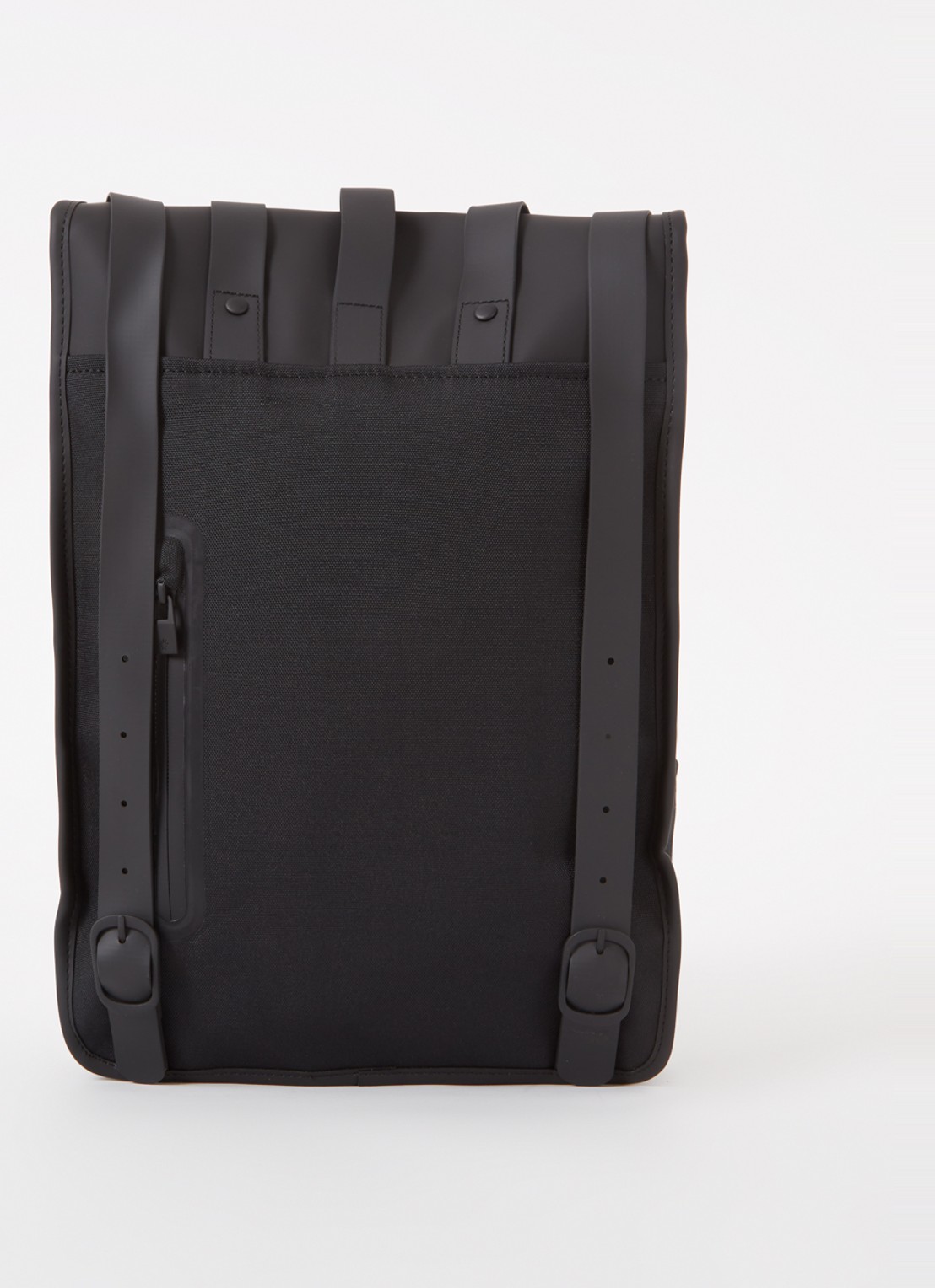 Rains Mini W3 rugzak met 15 inch laptopvak en waterafstotende coating - achterkant zwart