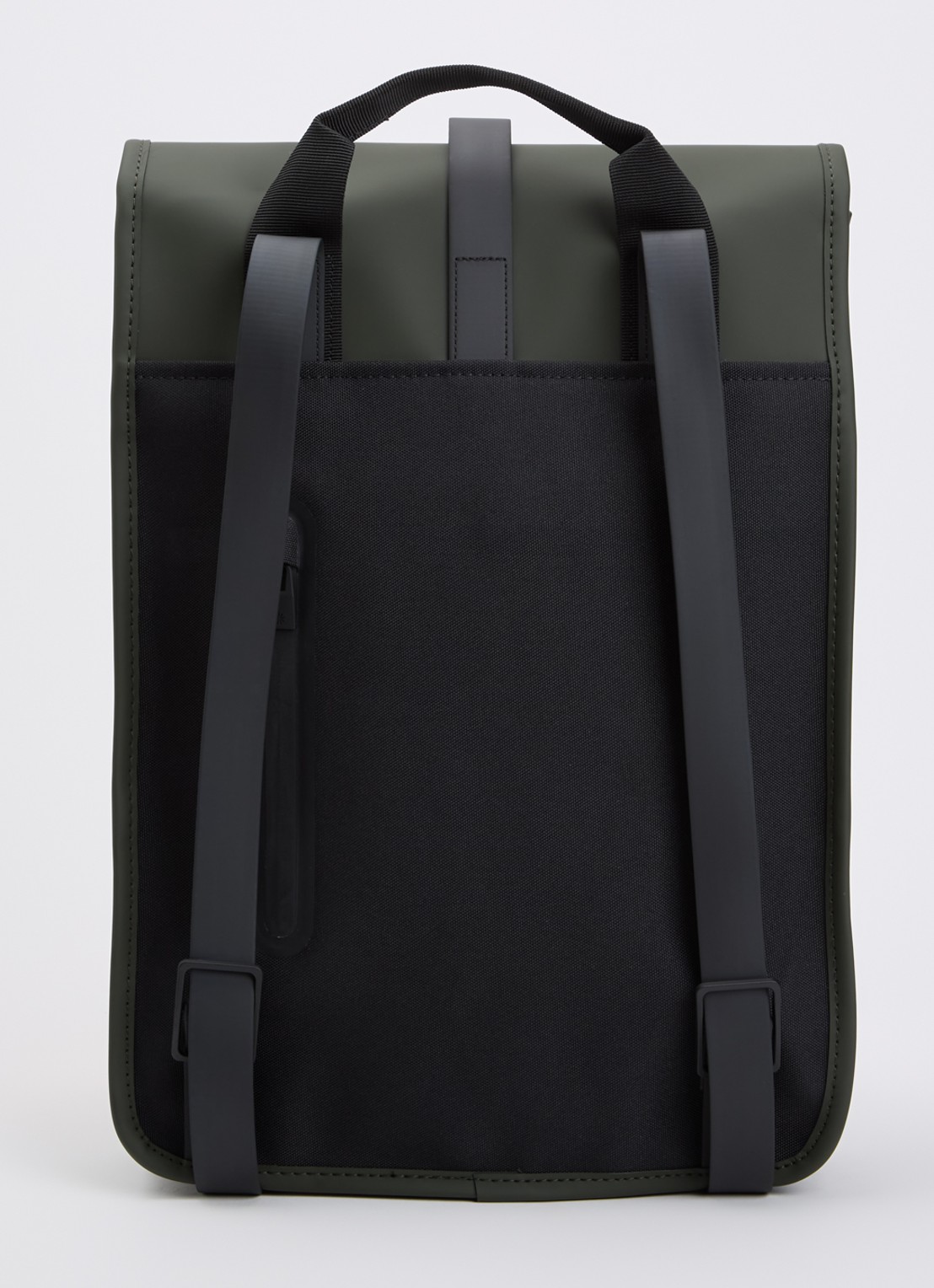 Rains Mini W3 rugzak met 15 inch laptopvak en waterafstotende coating - achterkant groen