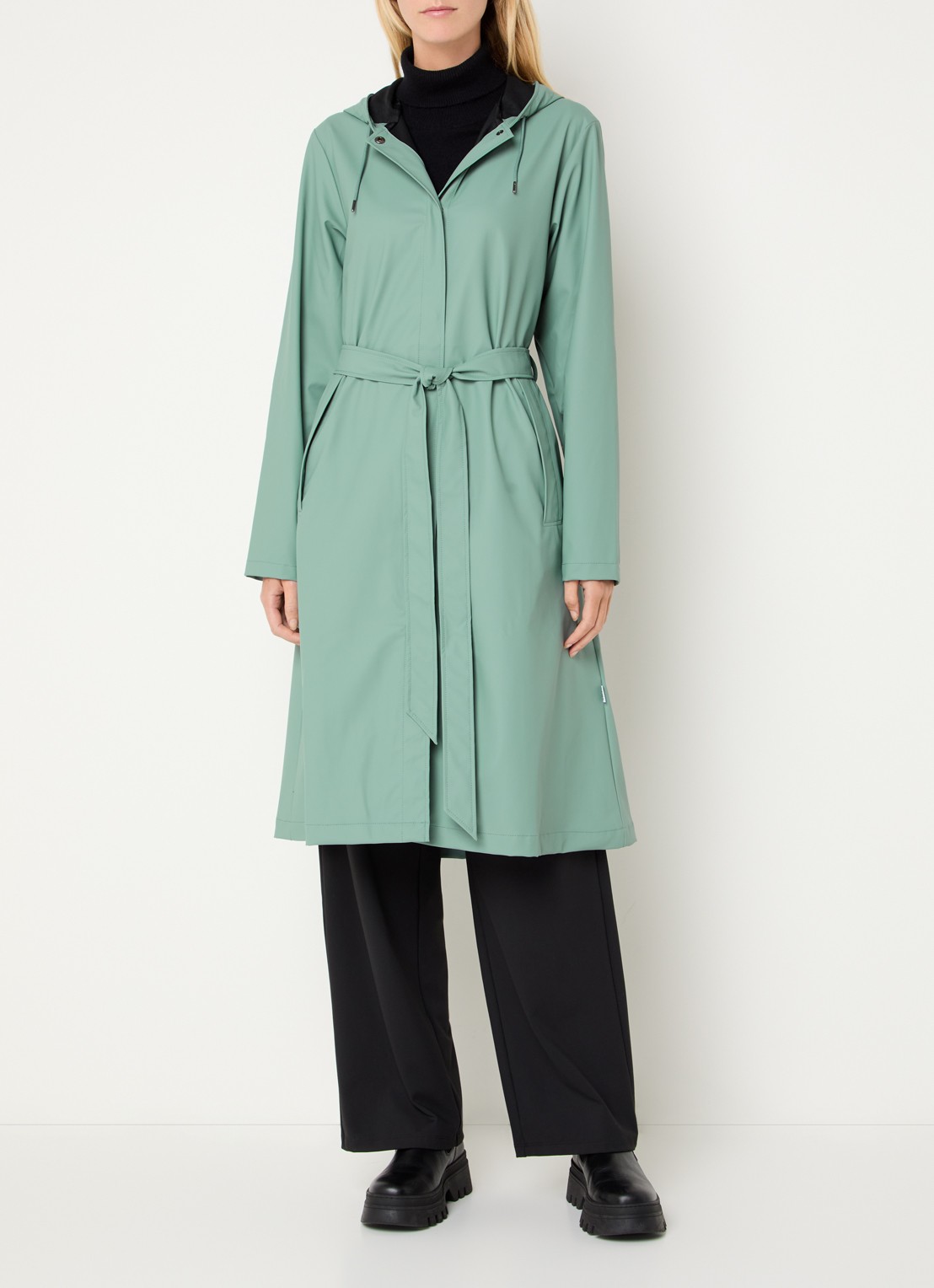Rains Regenjas met capuchon en strikceintuur - voorkant 3 mint