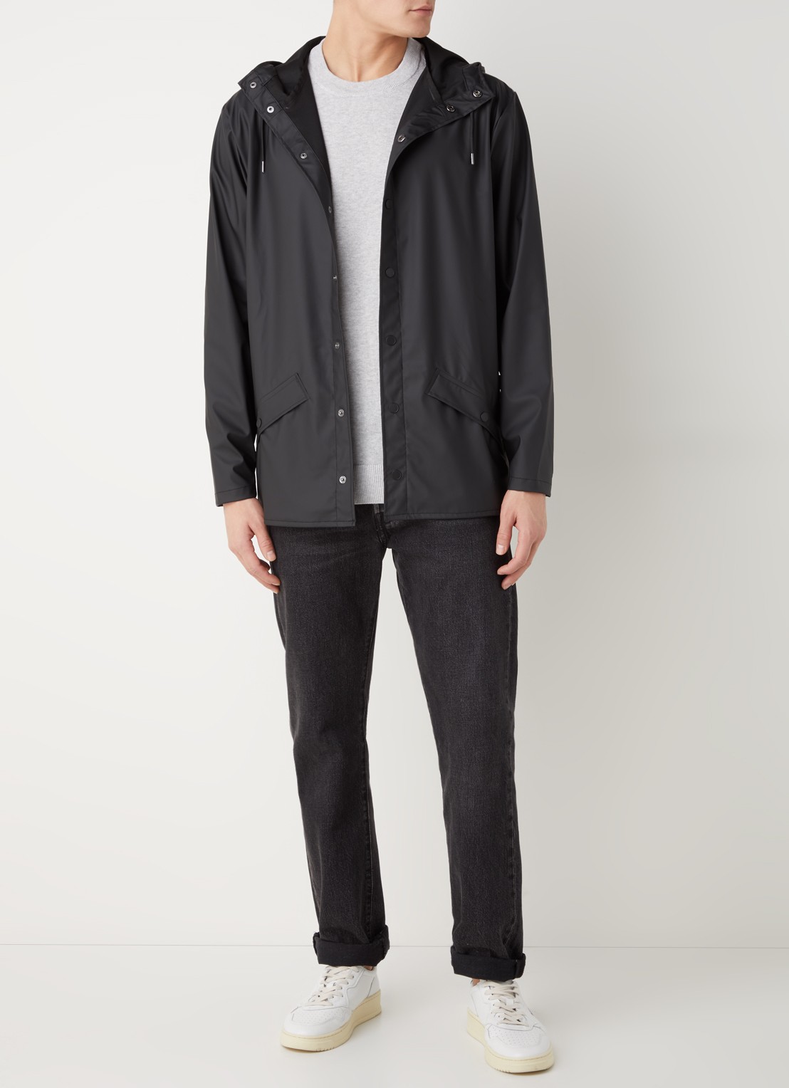 Rains Regenjas met klepzakken en capuchon - voorkant 4 zwart