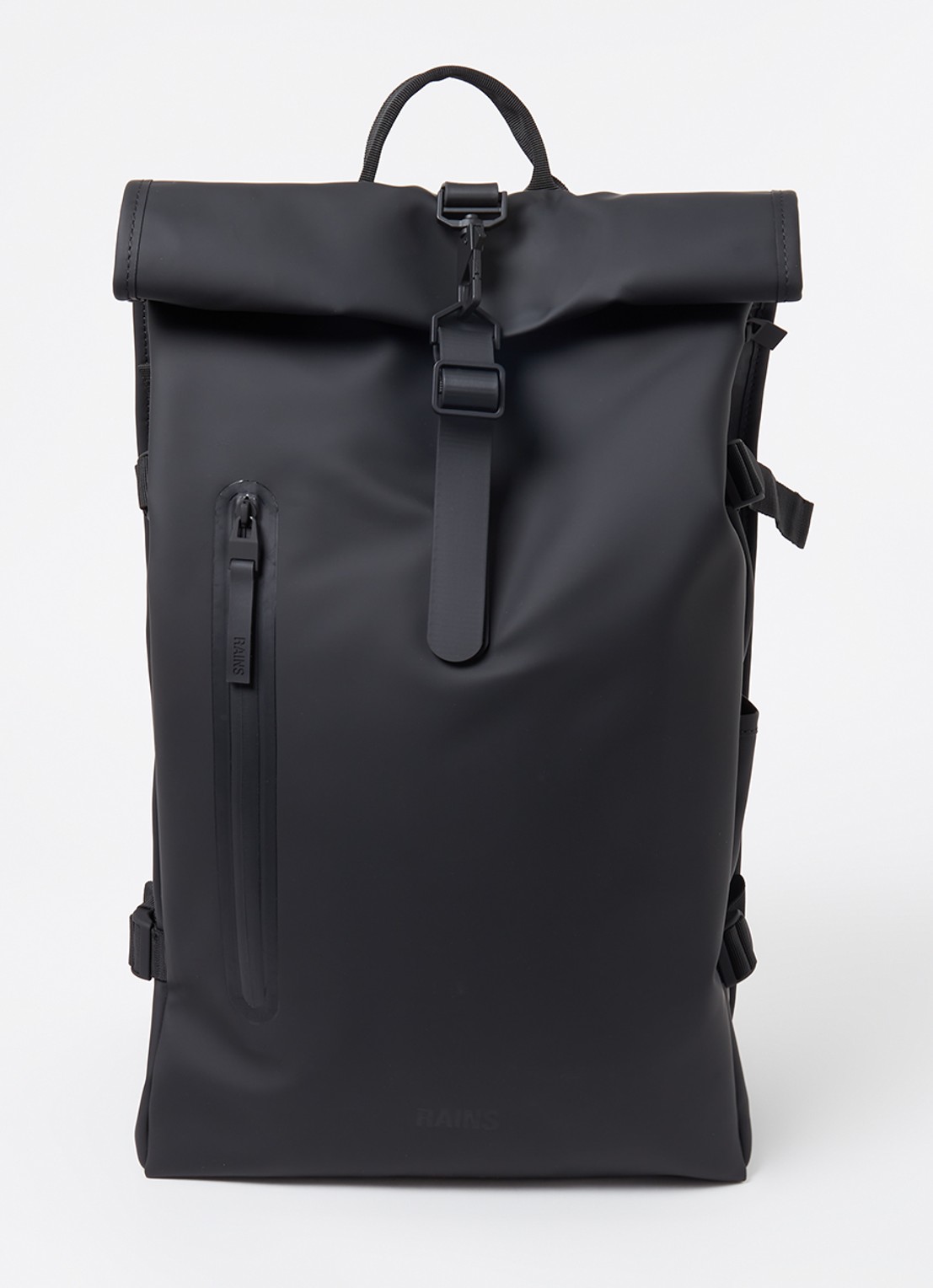 Rains Rolltop Large rugzak met 16 inch laptopvak en waterafstotende coating - voorkant 3 zwart