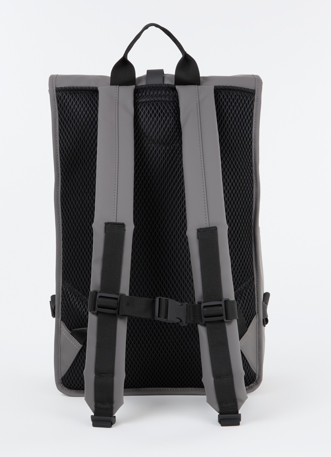 Rains Rolltop Large rugzak met 16 inch laptopvak en waterafstotende coating - achterkant grijs