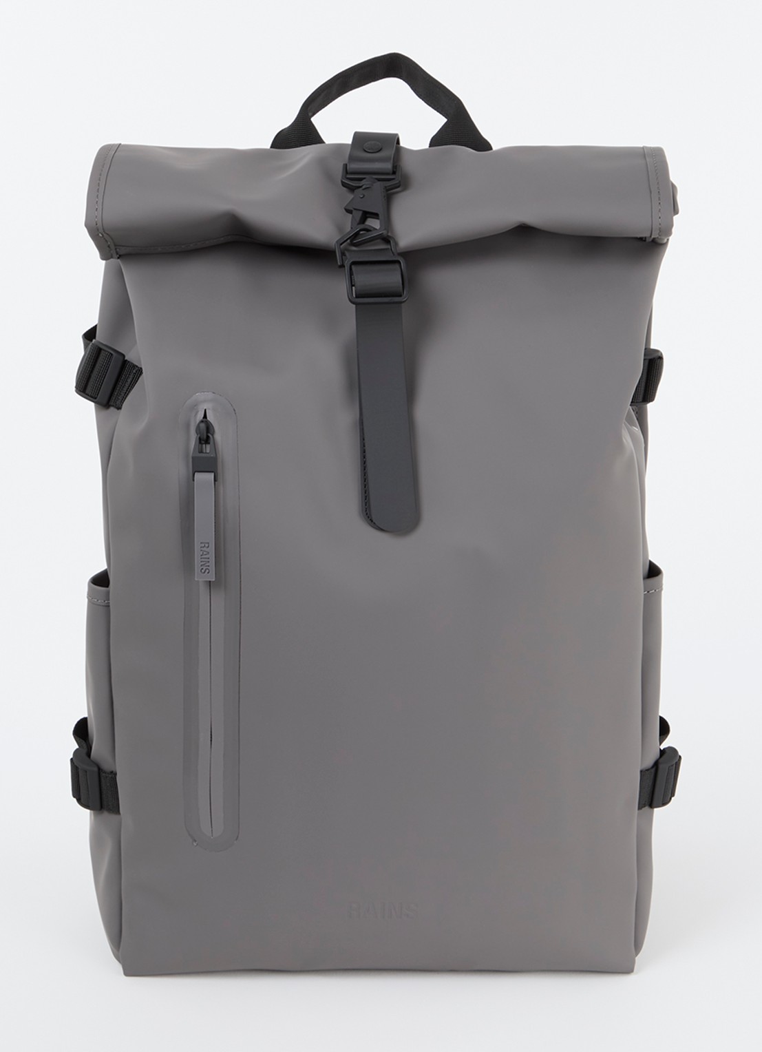 Rains Rolltop Large rugzak met 16 inch laptopvak en waterafstotende coating - voorkant 2 grijs