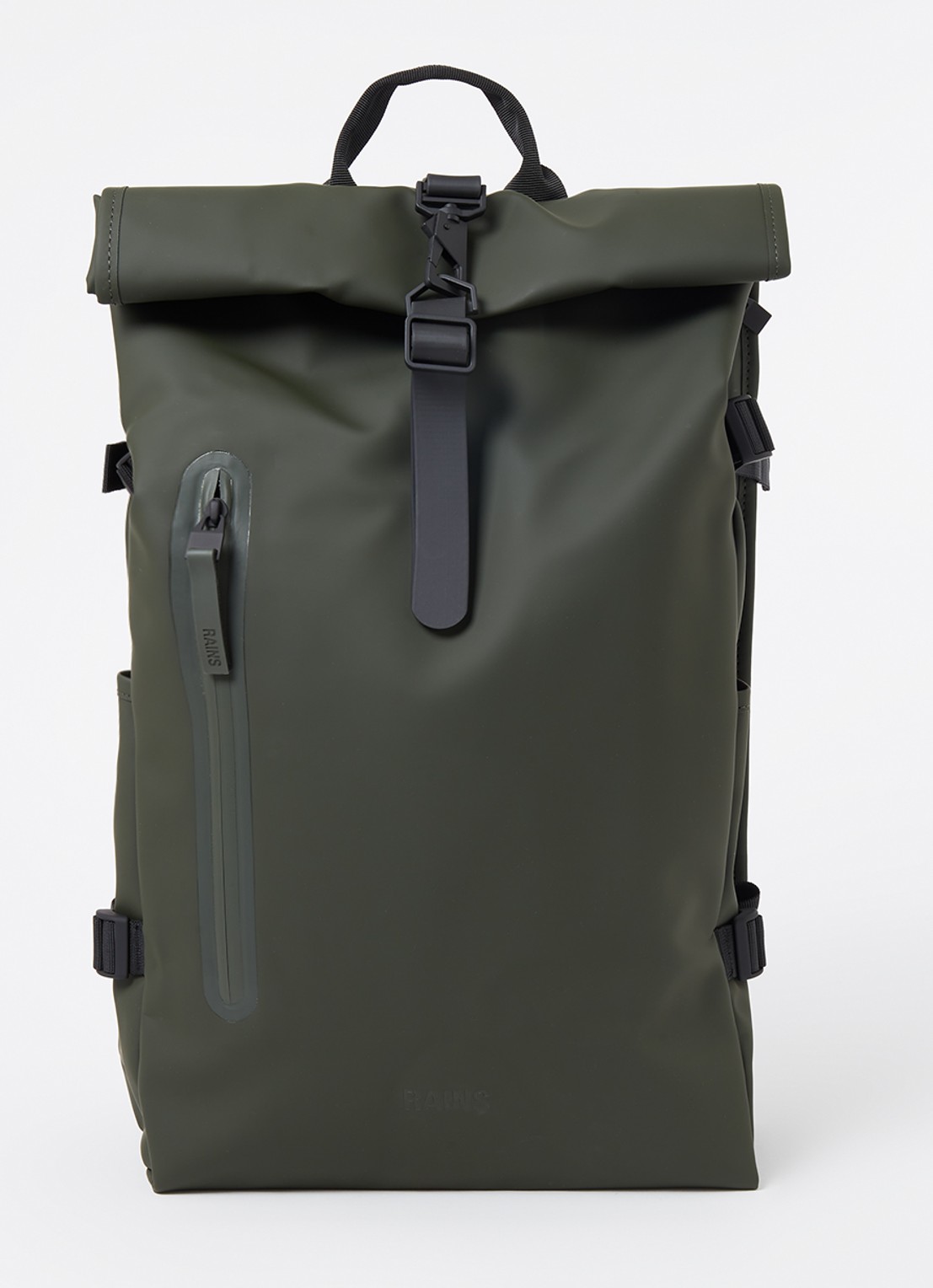 Rains Rolltop Large rugzak met 16 inch laptopvak en waterafstotende coating - voorkant bronsgroen