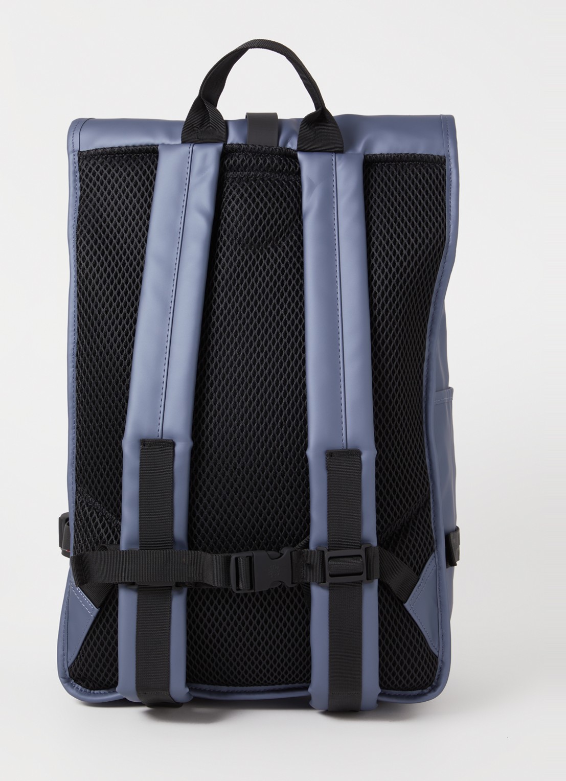 Rains Rolltop Large rugzak met 16 inch laptopvak en waterafstotende coating - achterkant 2 staalblauw