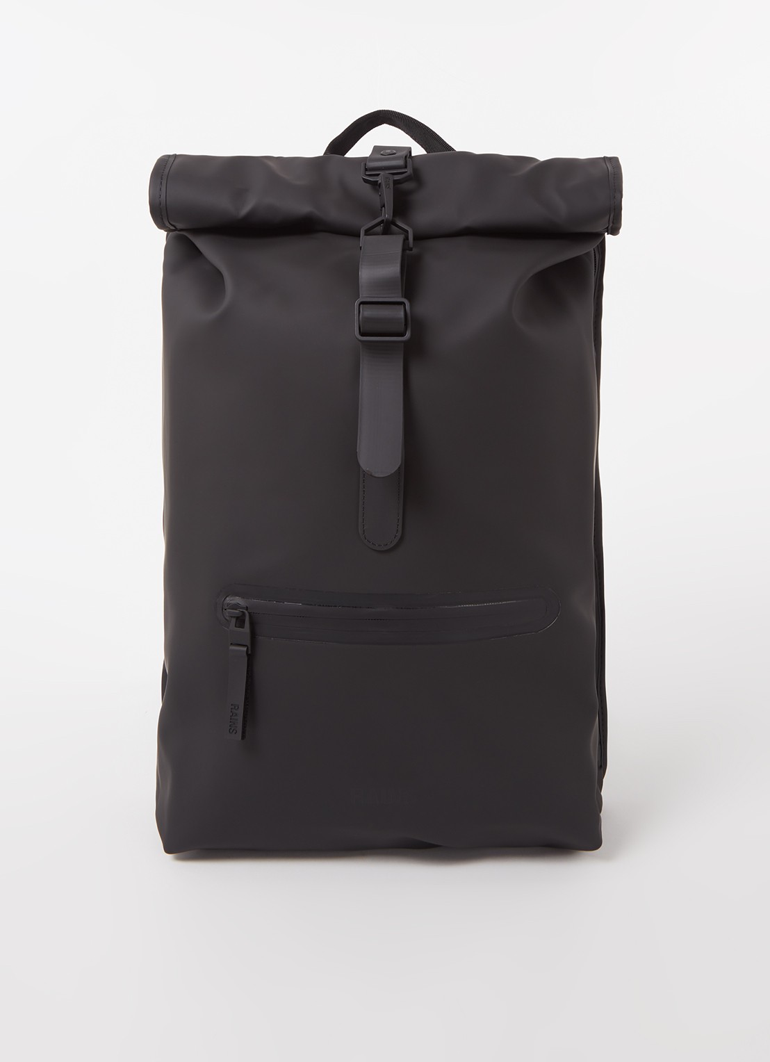 Rains Rolltop rugzak met 16 inch laptopvak - voorkant zwart