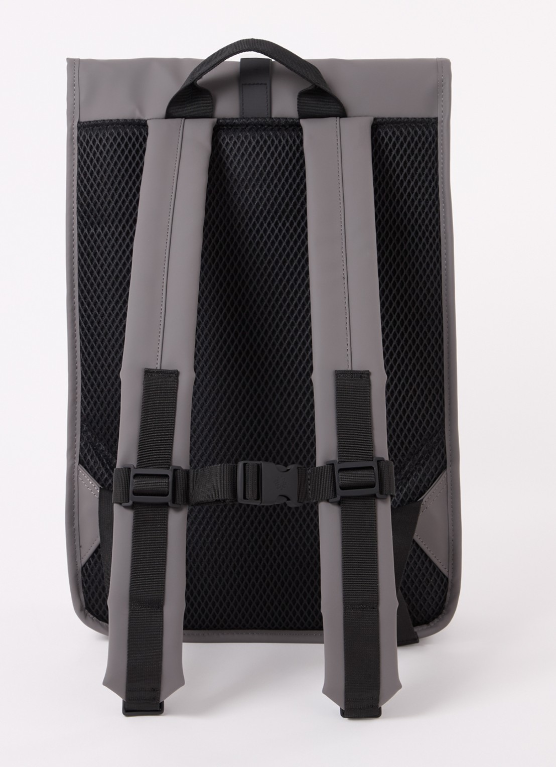 Rains Rolltop rugzak met waterafstotende coating en 15 inch laptopvak - achterkant grijs