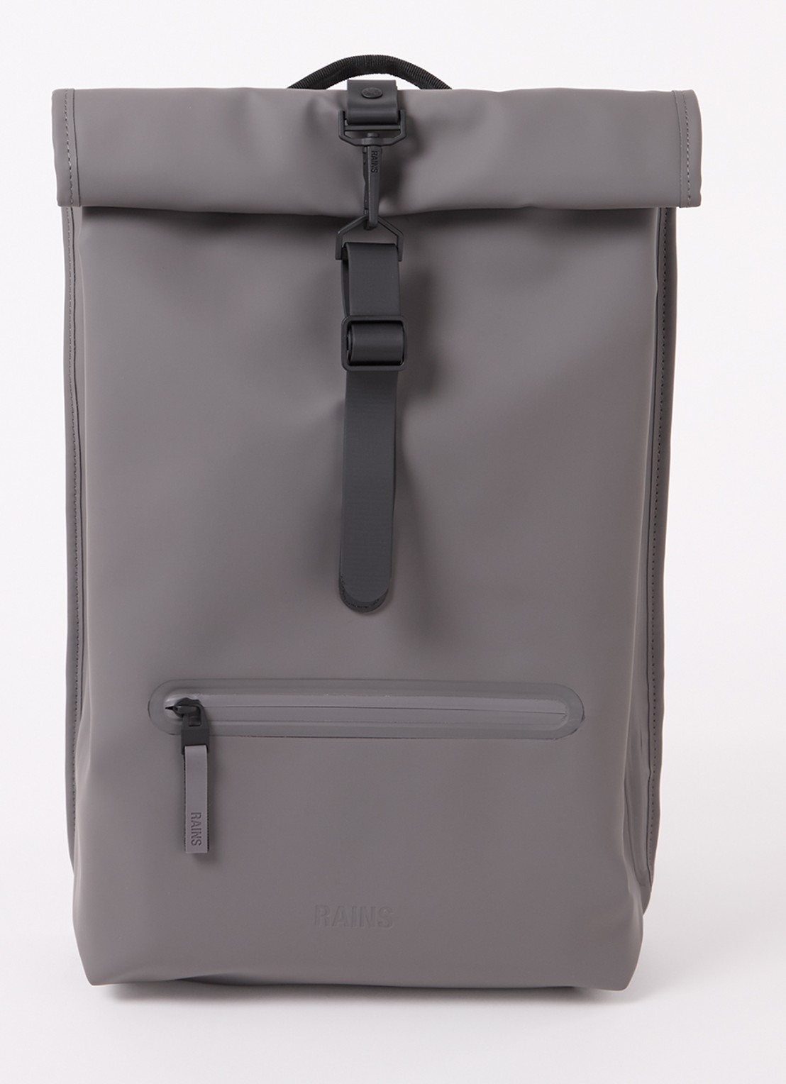 Rains Rolltop rugzak met waterafstotende coating en 15 inch laptopvak - voorkant 2 grijs