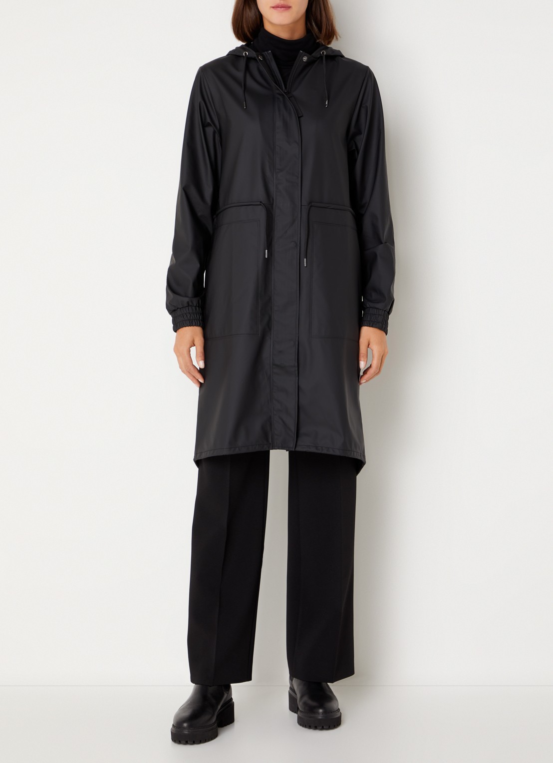 Rains String W parka met capuchon en trekkoord - detail zwart