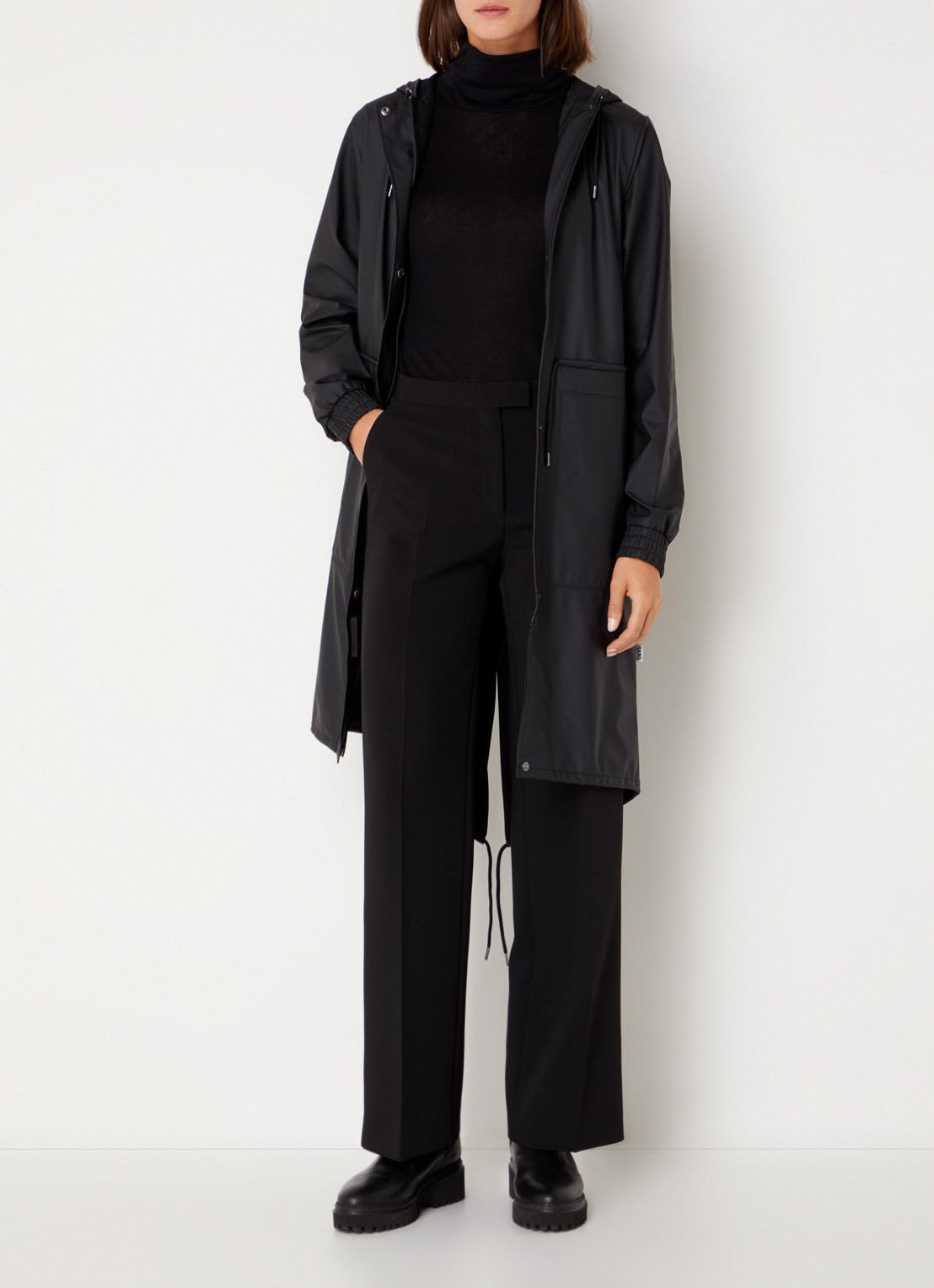 Rains String W parka met capuchon en trekkoord - voorkant 3 zwart