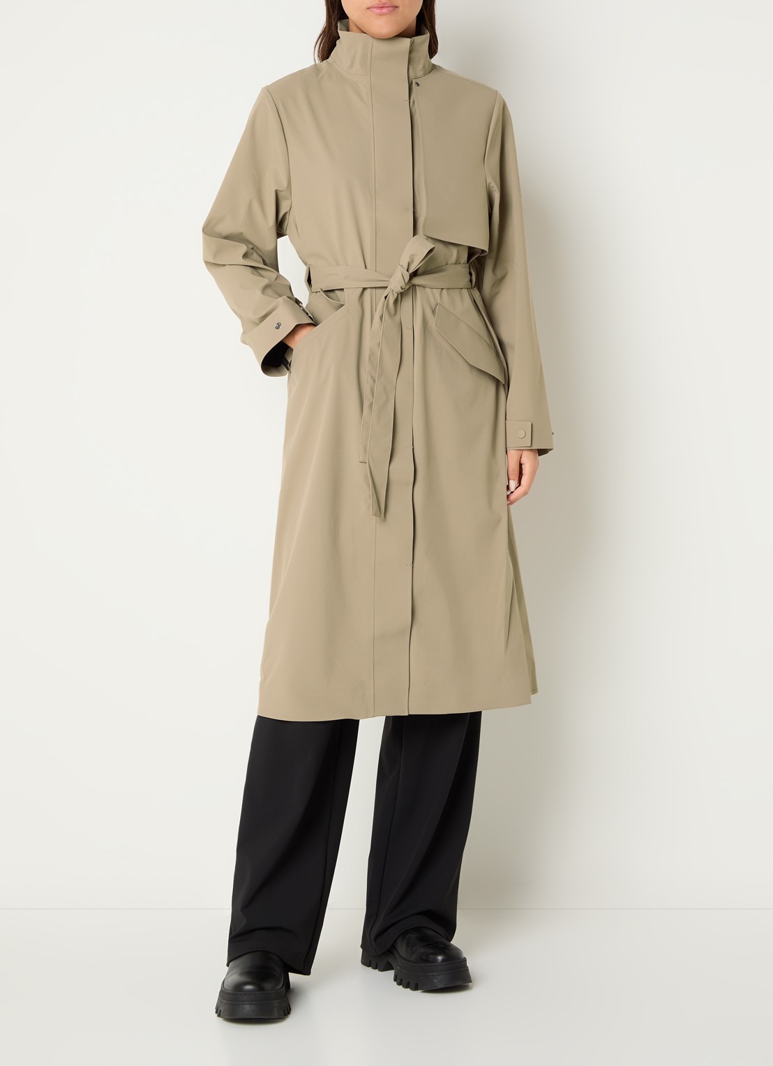 Rains Suv regenjas met strikceintuur en capuchon - voorkant 2 khaki