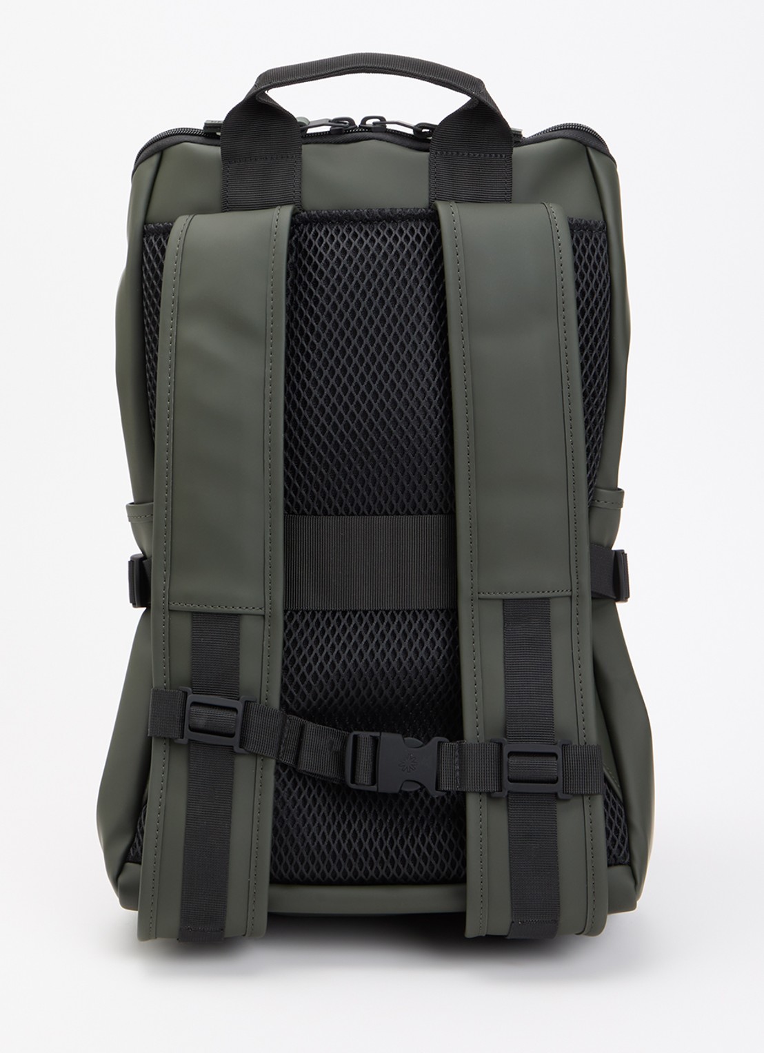 Rains Texel Cargo rugzak met 16 inch laptopvak en waterafstotende coating - achterkant groen
