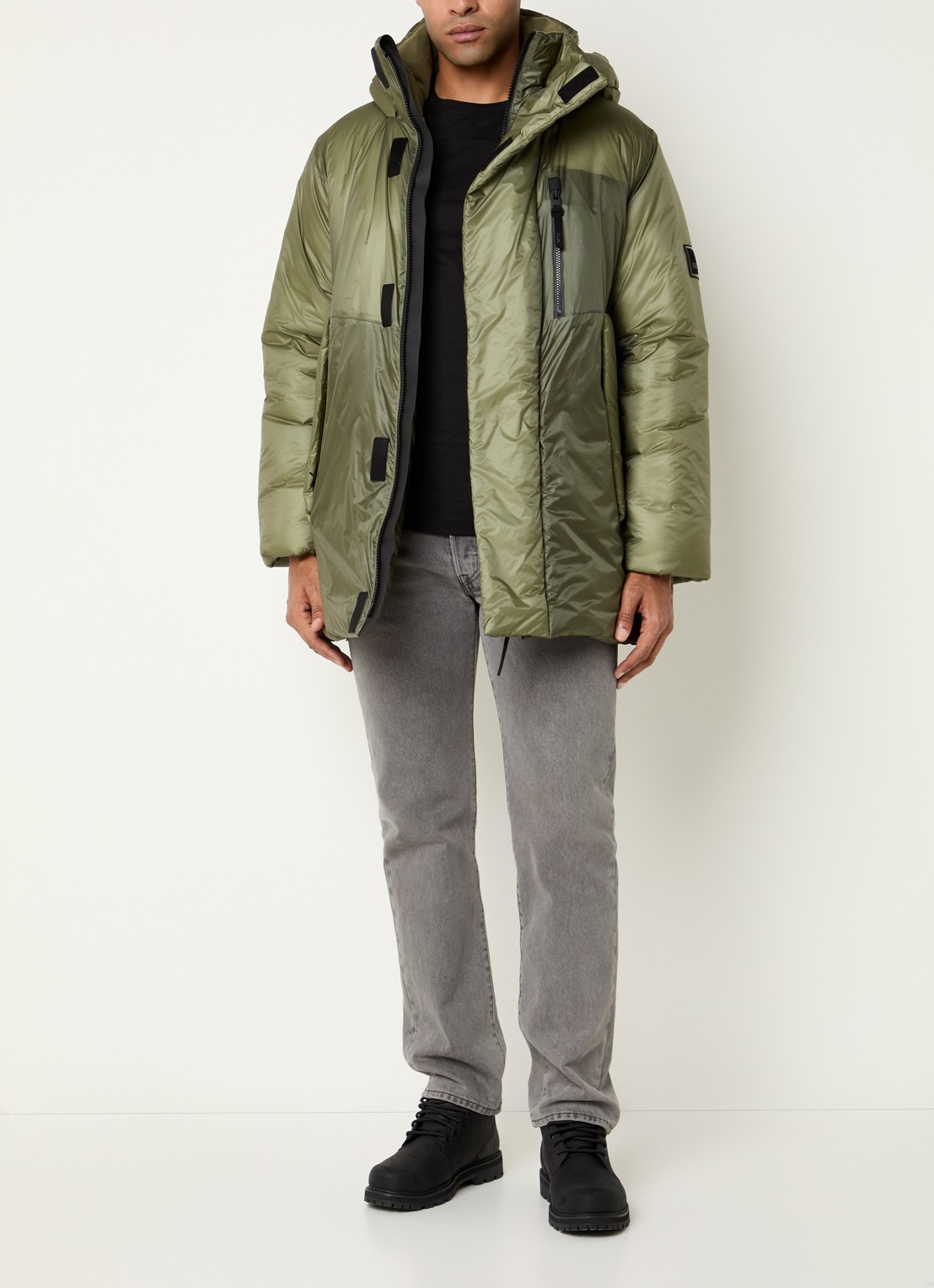 Rains Torna puffer jas met capuchon en ritszakken  - voorkant 2 legergroen