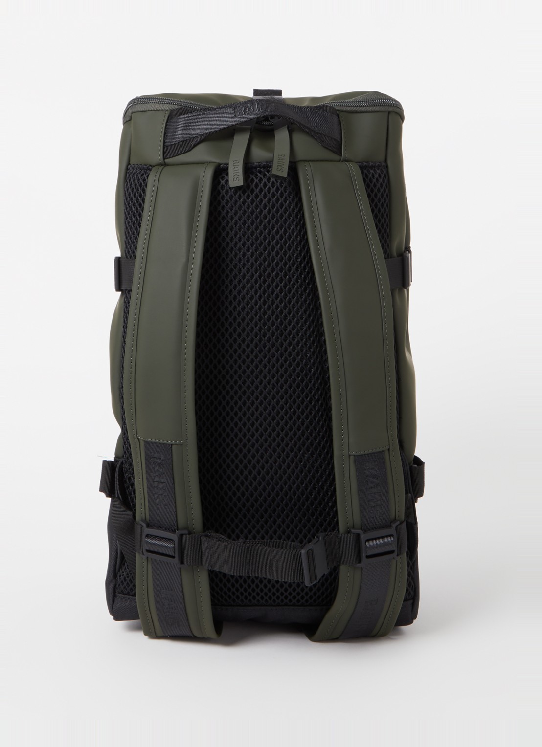 Rains Trail Cargo rugzak met 13 inch laptopvak en waterafstotende coating - achterkant 3 groen