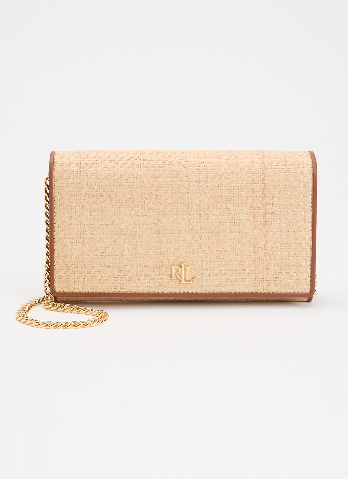 Ralph Lauren Adair II clutch van raffia met leren details - voorkant beige