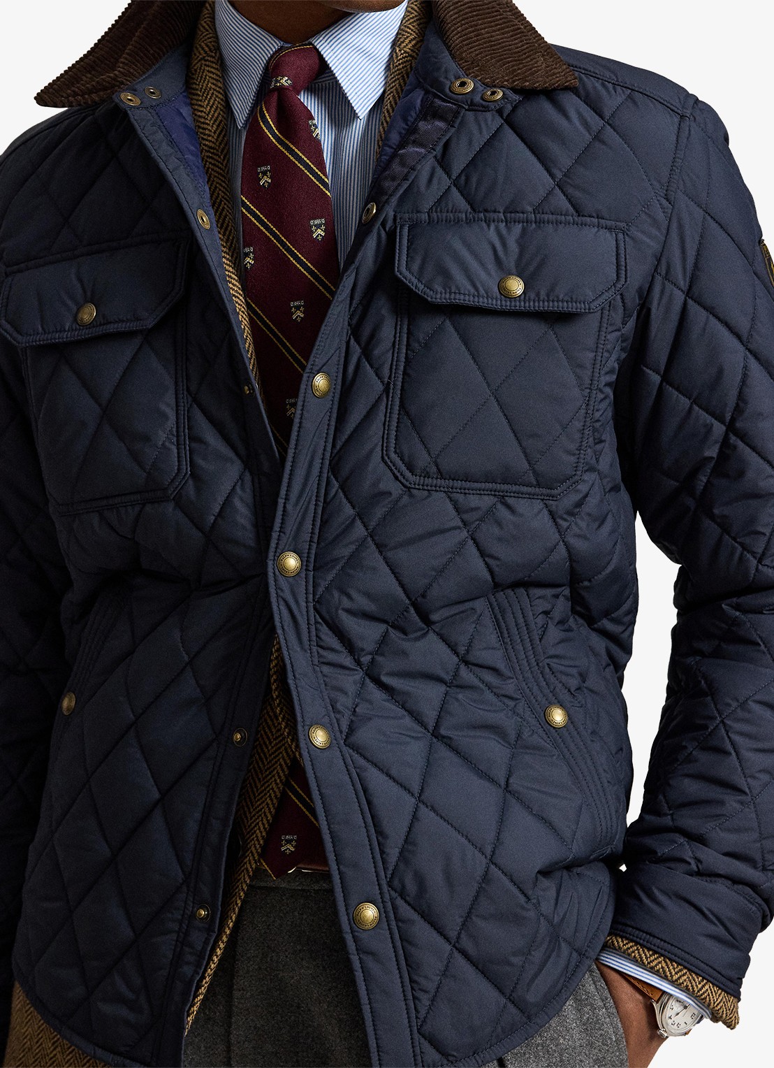 Ralph Lauren Beaton gewatteerd jack met details van corduroy - detail 2 college navy / donkerblauw