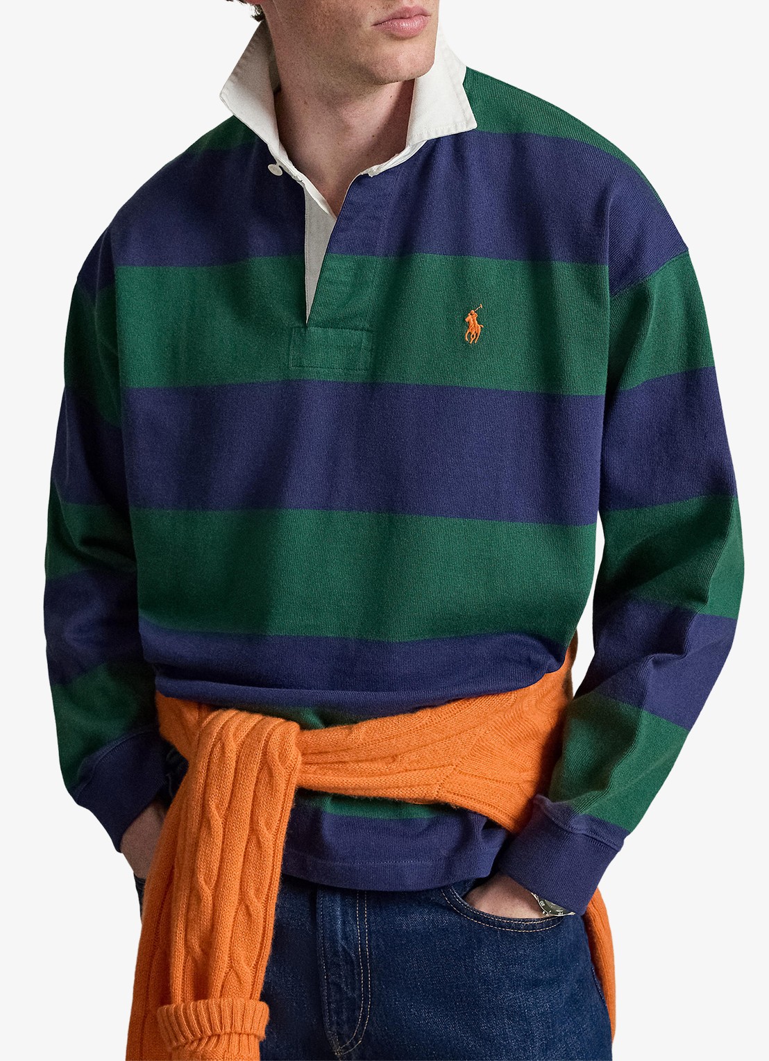 Ralph Lauren Big fit rugbyshirt van jersey met polokraag - voorkant 4 prk green/drk cblt / groen