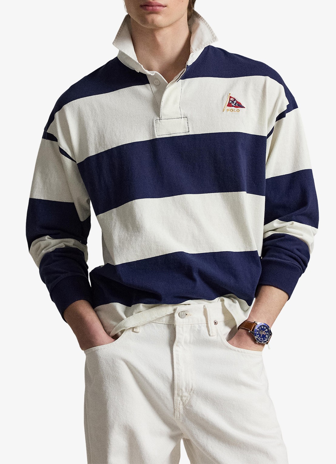 Ralph Lauren Big fit sweater met streepprint en kraag - detail newport navy/deckwash white / donkerblauw