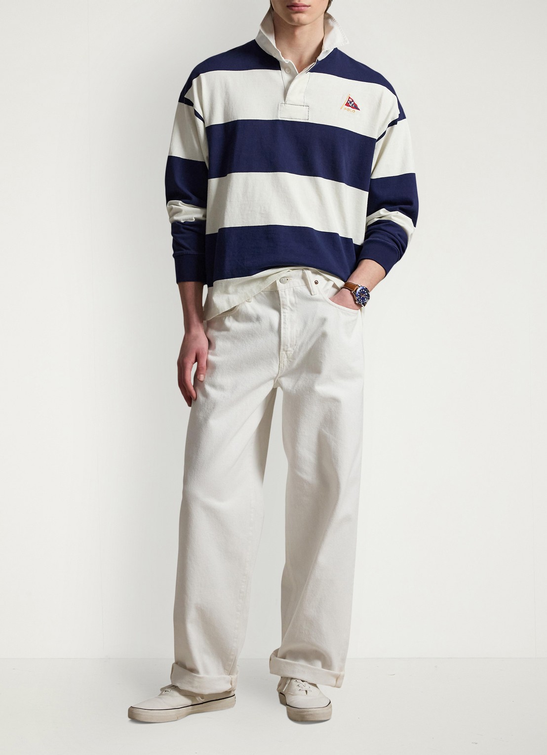 Ralph Lauren Big fit sweater met streepprint en kraag - voorkant 3 newport navy/deckwash white / donkerblauw