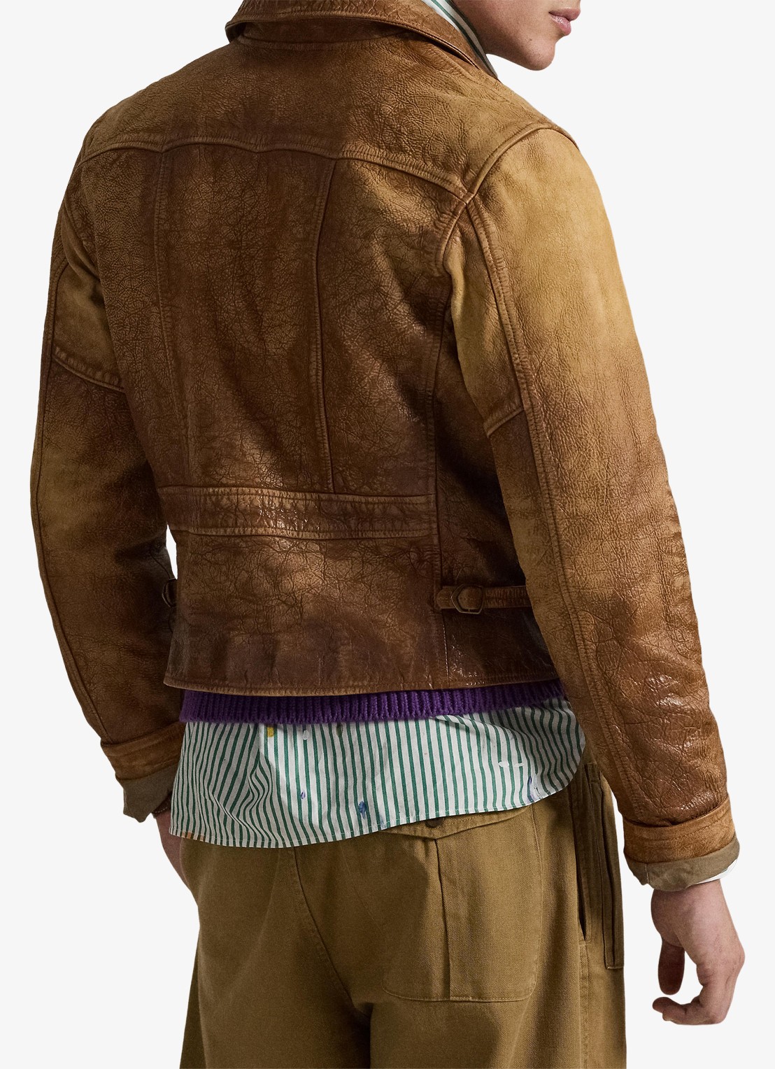 Ralph Lauren Bikerjack van leer met ritszakken - achterkant 2 brown x / bruin