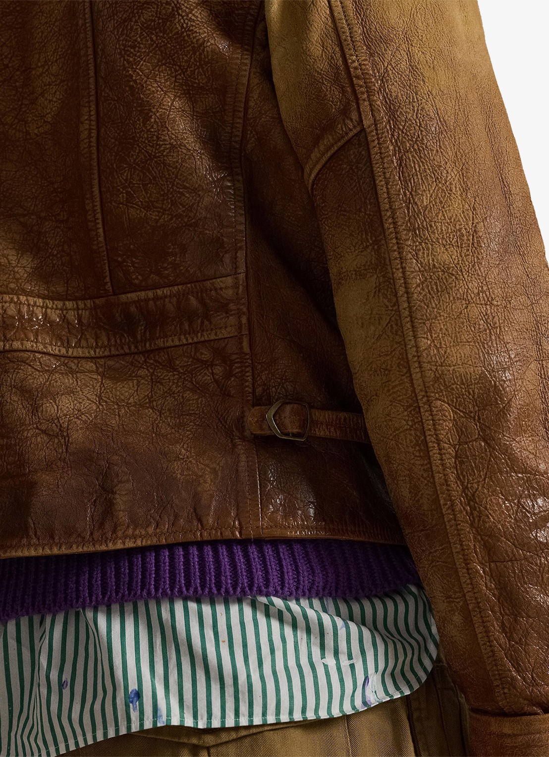 Ralph Lauren Bikerjack van leer met ritszakken - detail brown x / bruin