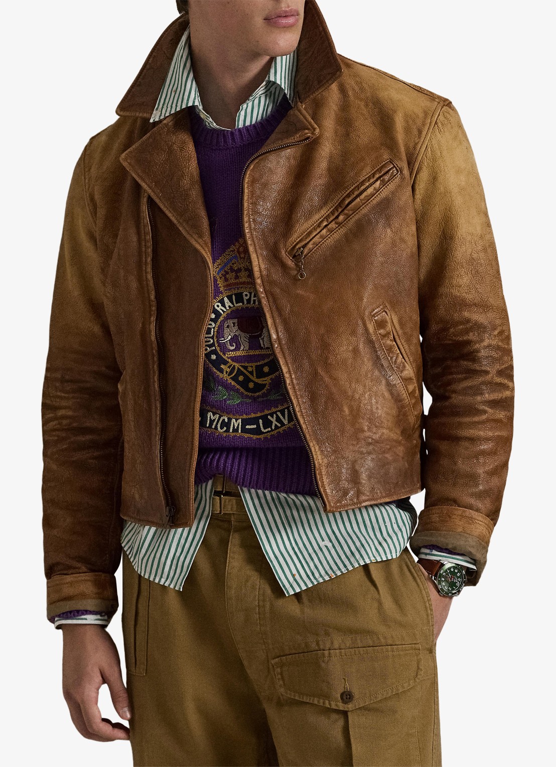 Ralph Lauren Bikerjack van leer met ritszakken - voorkant 4 brown x / bruin
