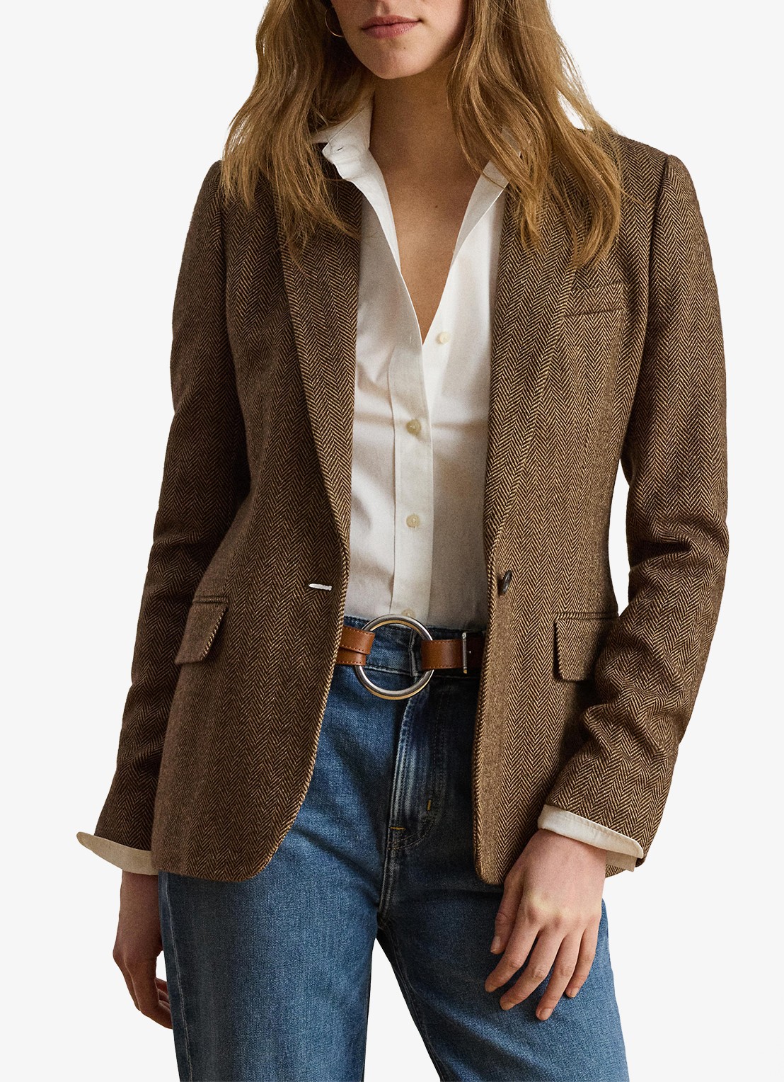 Ralph Lauren Blazer in wolblend met visgraat dessin en klepzakken - detail 3 brown/tan multi / bruin
