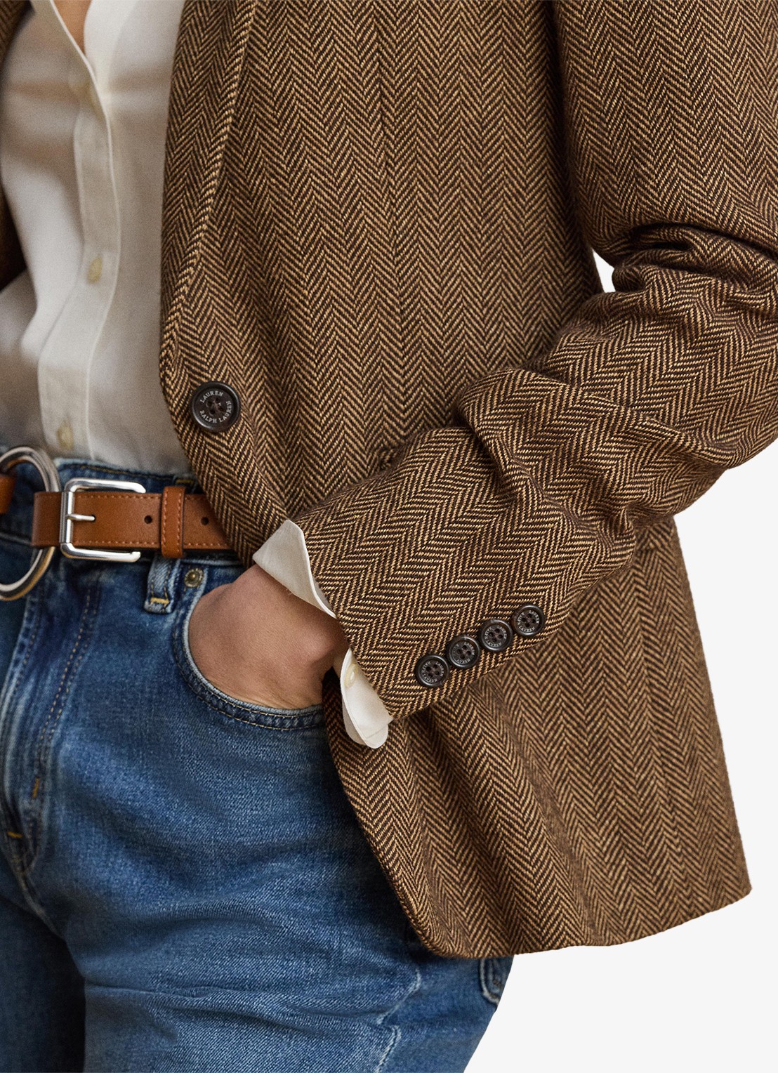 Ralph Lauren Blazer in wolblend met visgraat dessin en klepzakken - detail 4 brown/tan multi / bruin