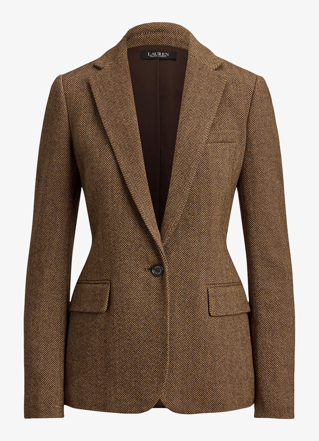 Ralph Lauren Blazer in wolblend met visgraat dessin en klepzakken - voorkant brown/tan multi / bruin