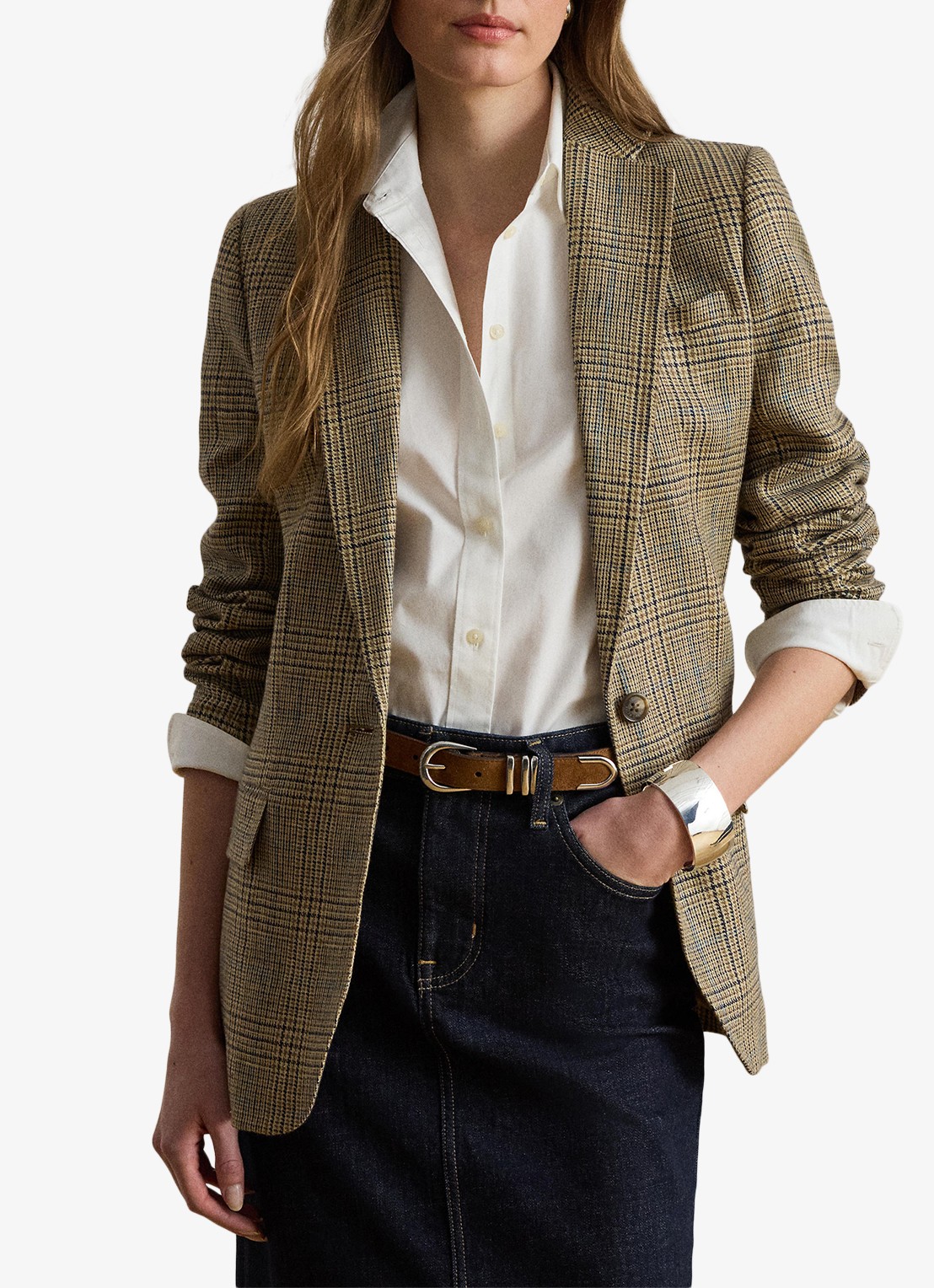 Ralph Lauren Blazer van linnen met pied-de-poule dessin en klepzakken - detail 2 tan/blackmulti / beige
