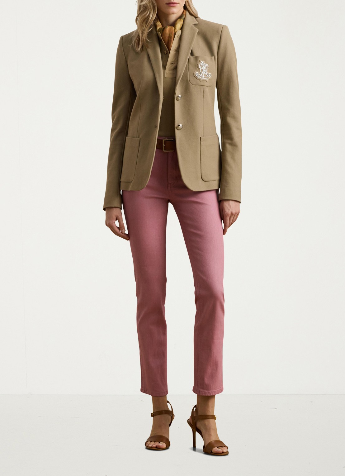 Ralph Lauren Blazer van piqué katoen met metallic logoborduring - voorkant 5 madison tan / beige