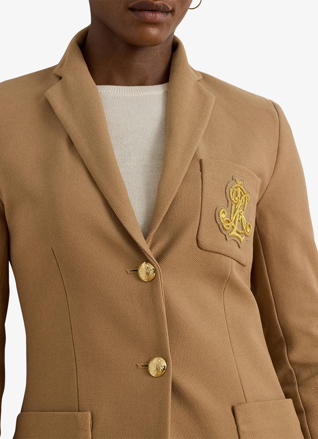 Ralph Lauren Blazer van piqué katoen met metallic logoborduring - detail 4 camel