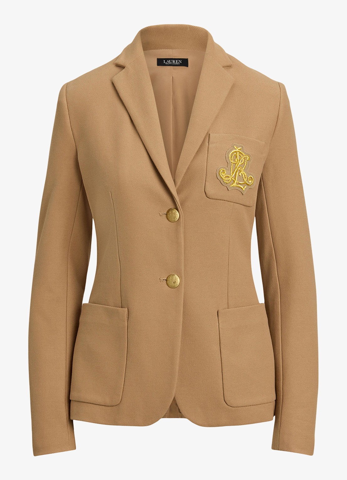 Ralph Lauren Blazer van piqué katoen met metallic logoborduring - voorkant 6 camel