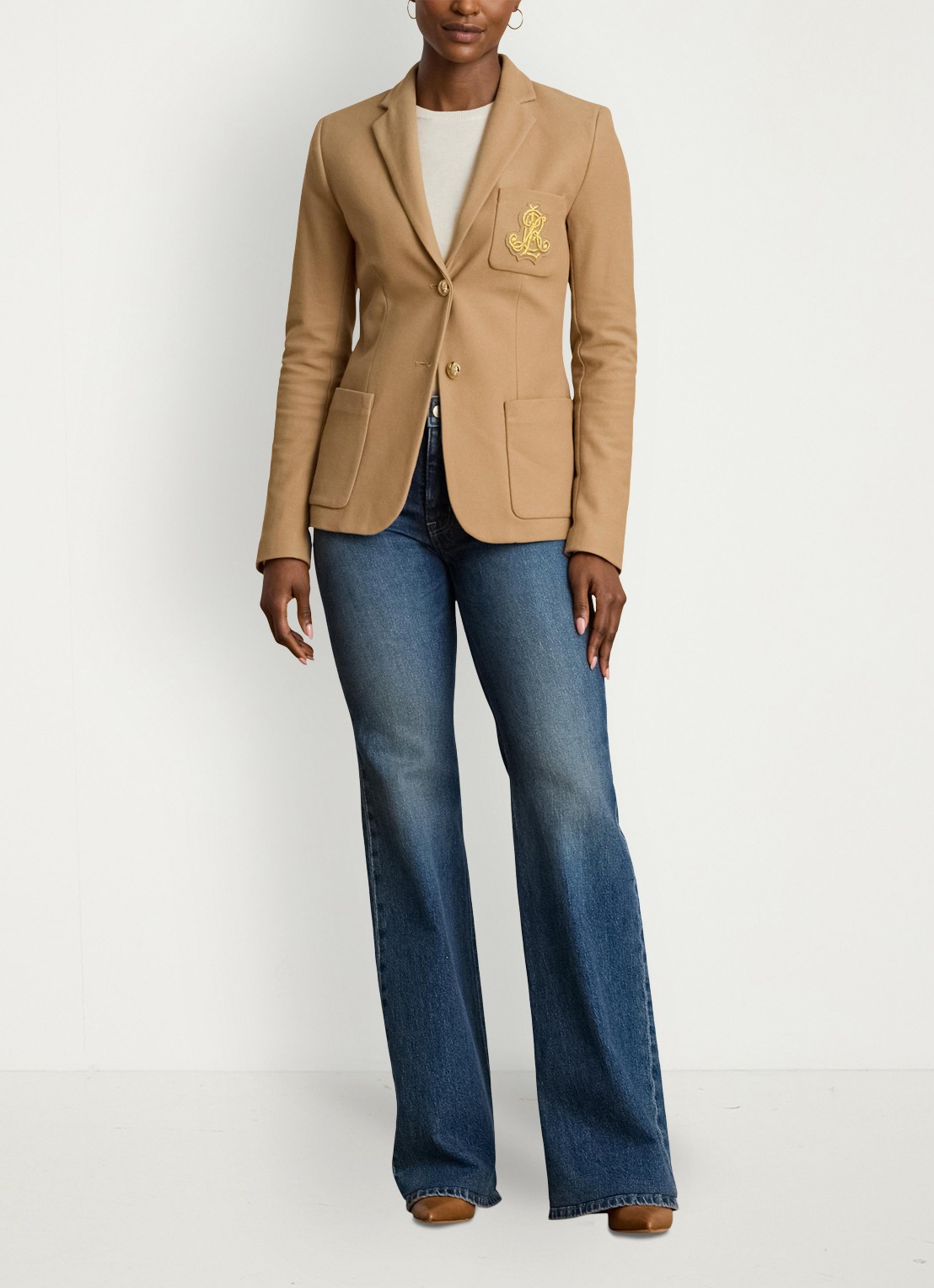 Ralph Lauren Blazer van piqué katoen met metallic logoborduring - voorkant 7 camel
