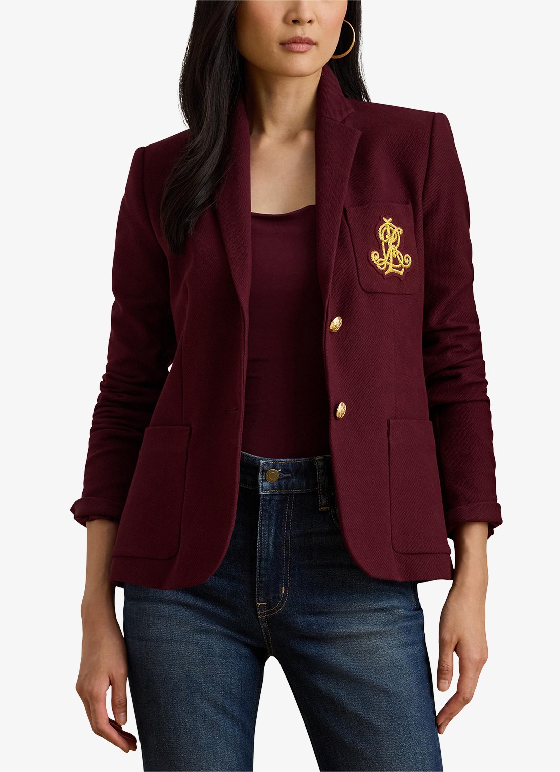 Ralph Lauren Blazer van piqué katoen met metallic logoborduring - detail 4 dark garnet / bordeauxrood