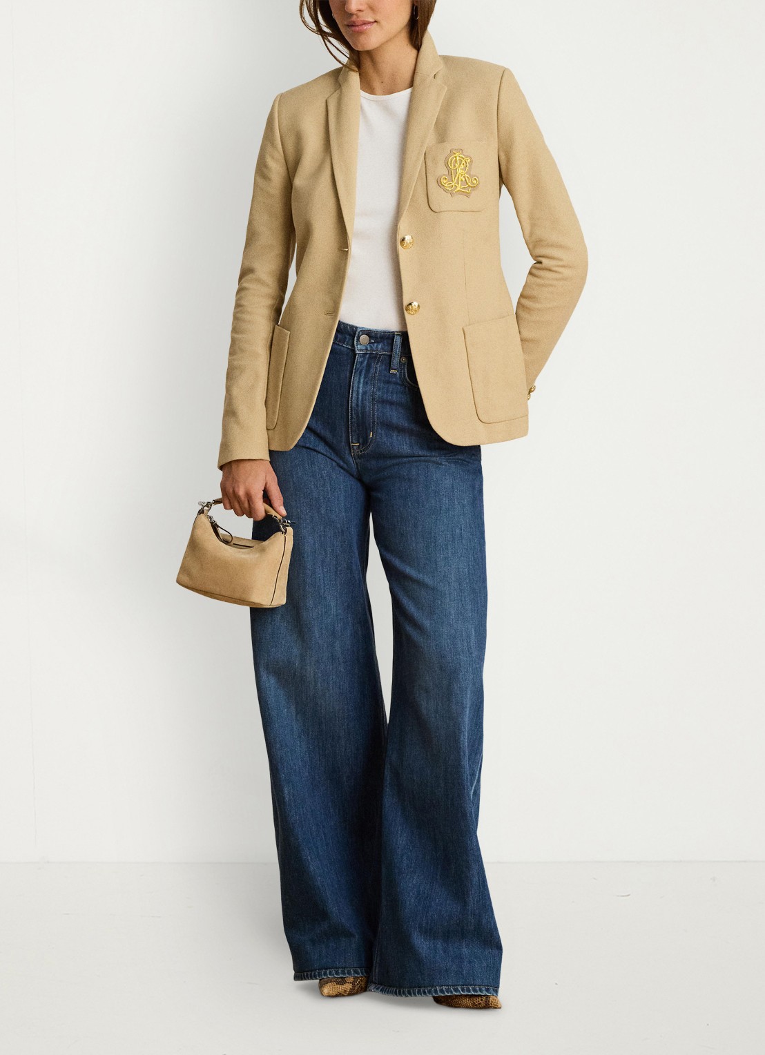 Ralph Lauren Blazer van piqué katoen met metallic logoborduring - voorkant 2 birch tan / beige
