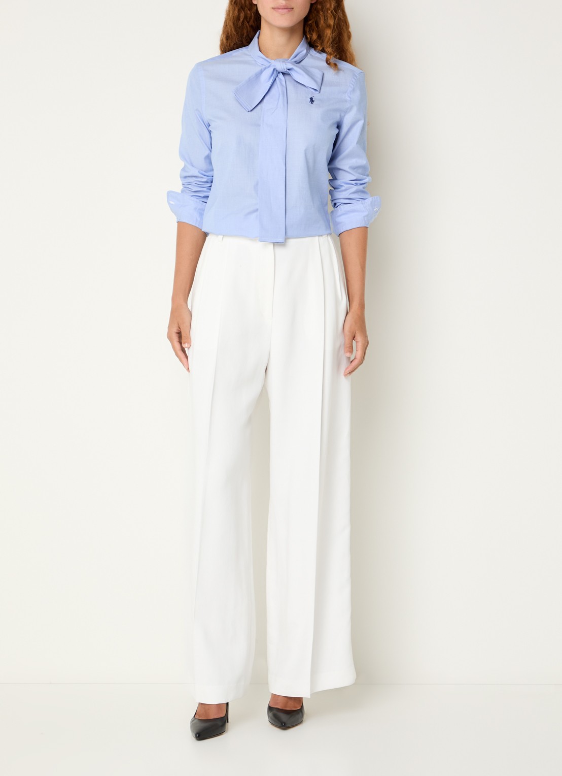 Ralph Lauren Blouse met logo en sjaalkraag - voorkant 2 blauwgrijs