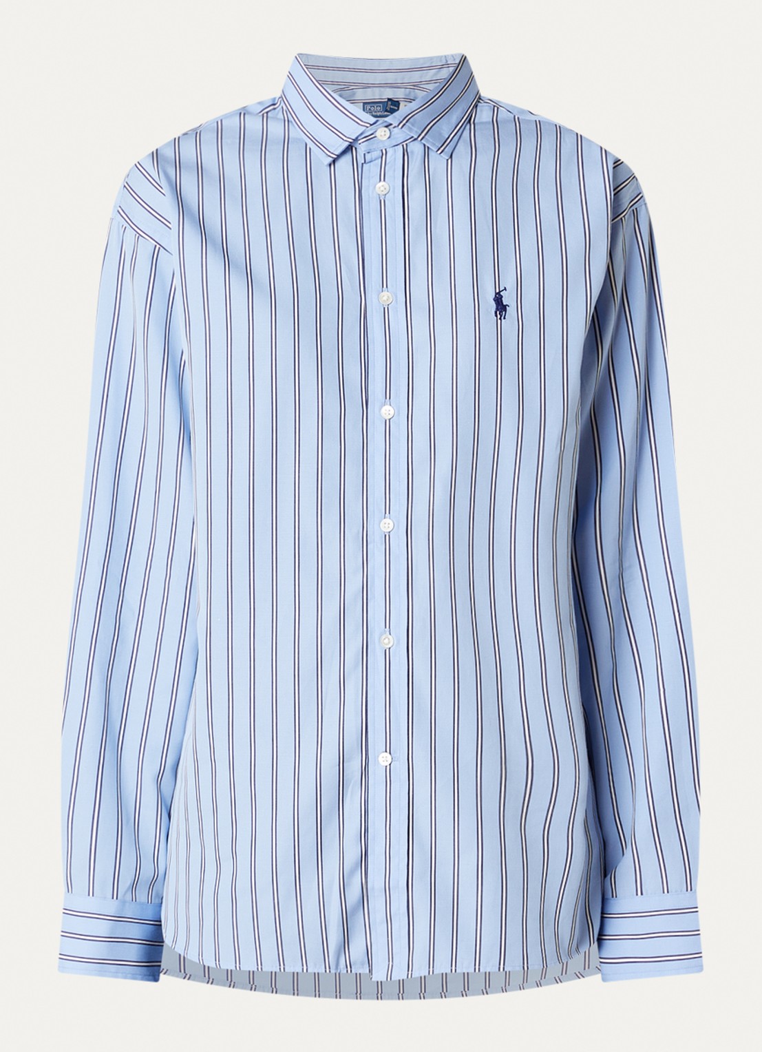Ralph Lauren Blouse met logo en streepprint - voorkant staalblauw