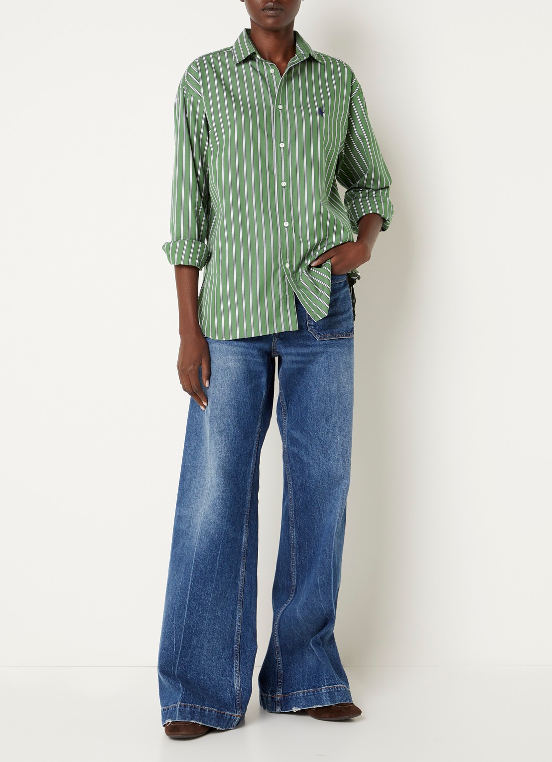 Ralph Lauren Blouse met logo en streepprint - voorkant 2 lindegroen