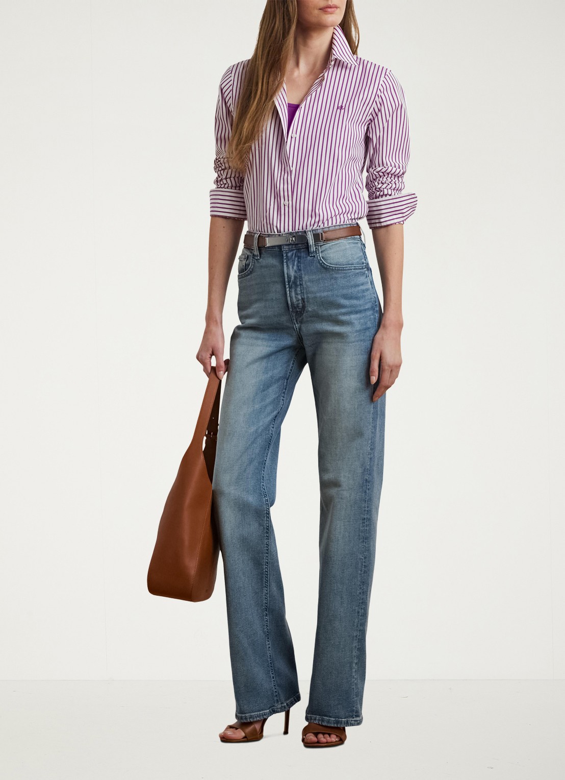 Ralph Lauren Blouse met logoborduring en streepprint - voorkant 5 paars