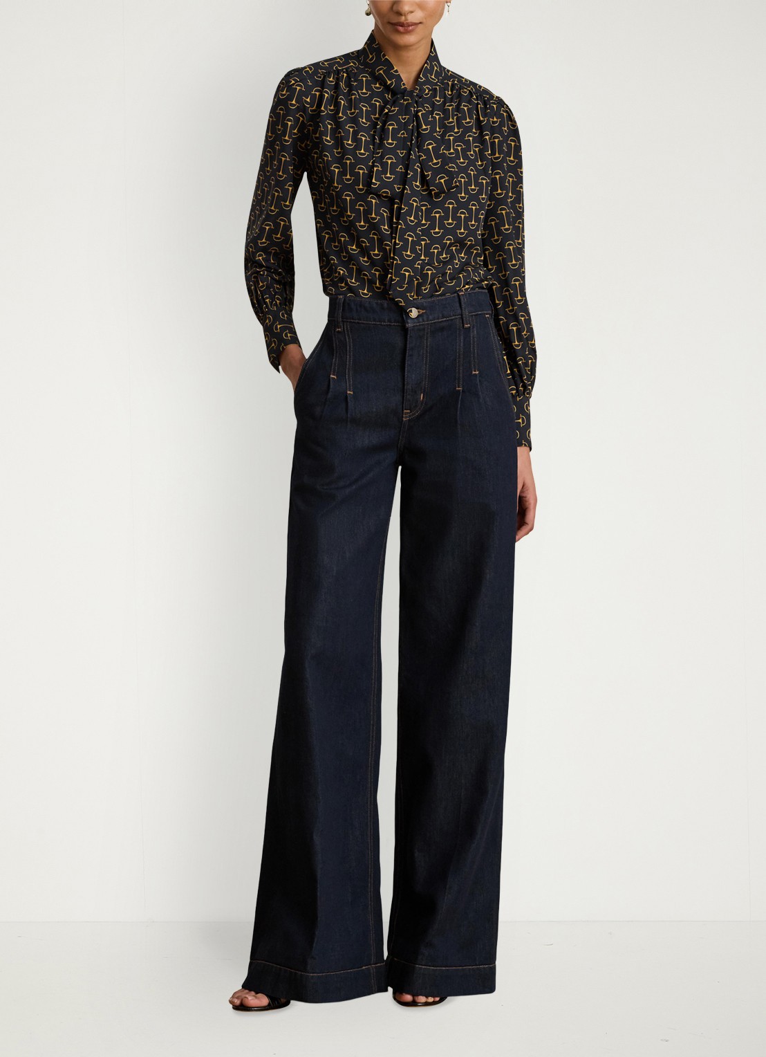 Ralph Lauren Blouse met sjaalkraag en grafische print - voorkant 2 zwart