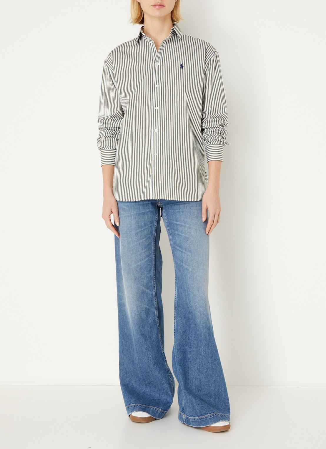 Ralph Lauren Blouse met streepprint en logoborduring - voorkant 2 legergroen