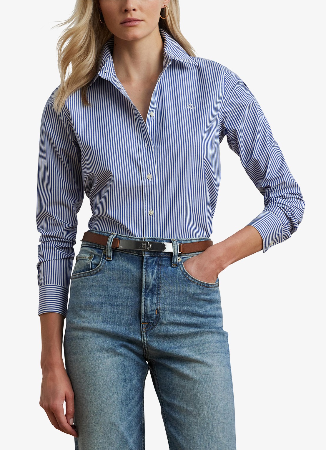 Ralph Lauren Blouse met streepprint en logoborduring - detail 4 blauw