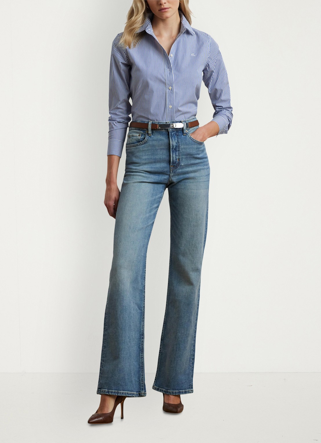 Ralph Lauren Blouse met streepprint en logoborduring - voorkant 2 blauw