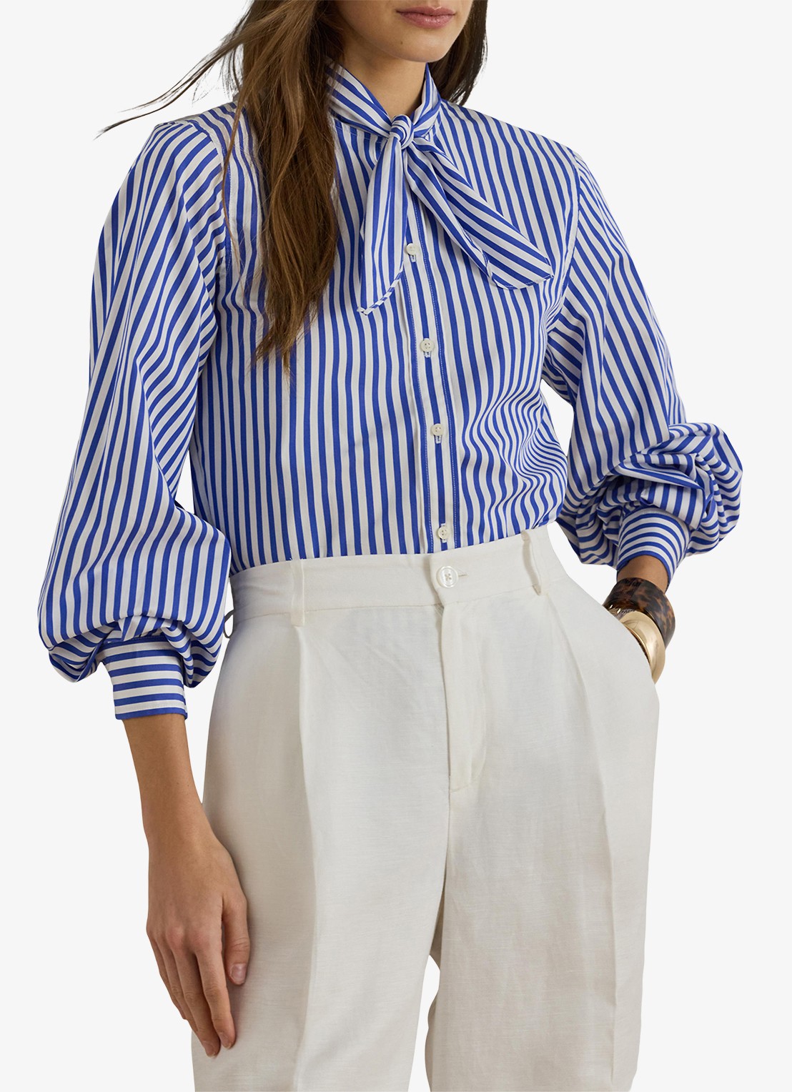 Ralph Lauren Blouse met streepprint en sjaalkraag - detail 4 blue / blauw
