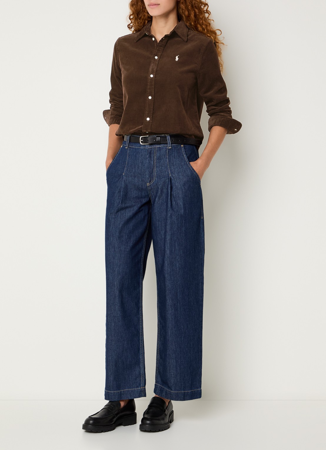 Ralph Lauren Blouse van corduroy met logoborduring - voorkant 2 donkerbruin