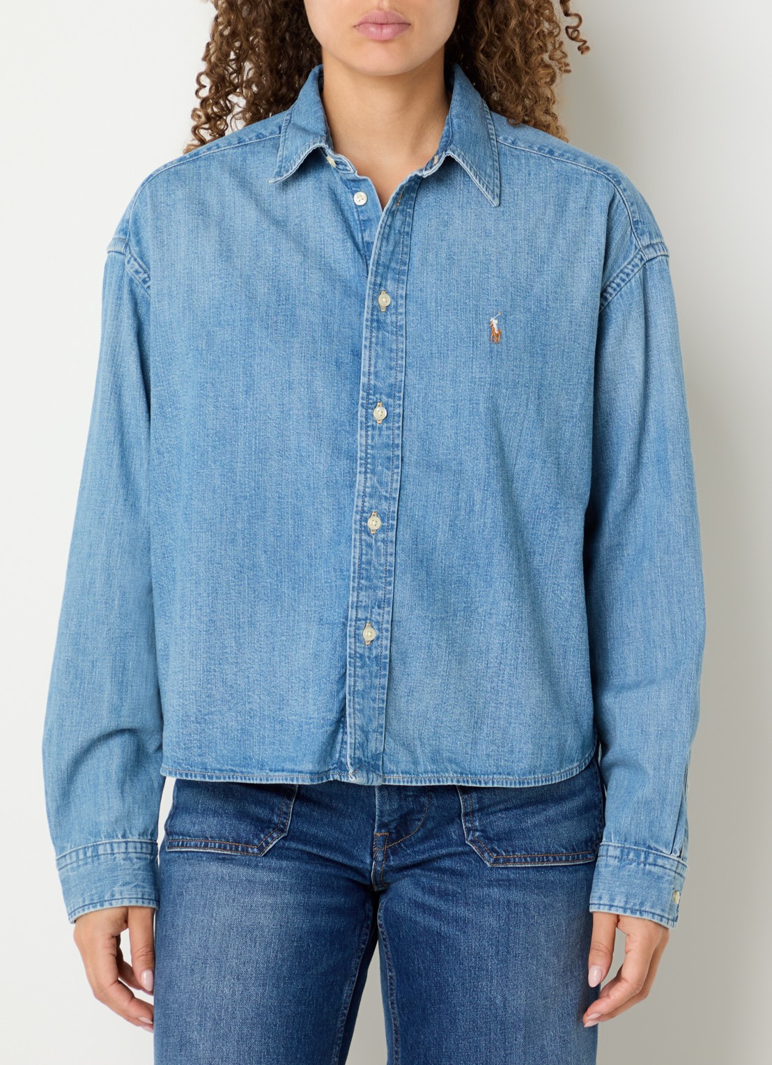 Ralph Lauren Blouse van denim met logo - detail 4 staalblauw