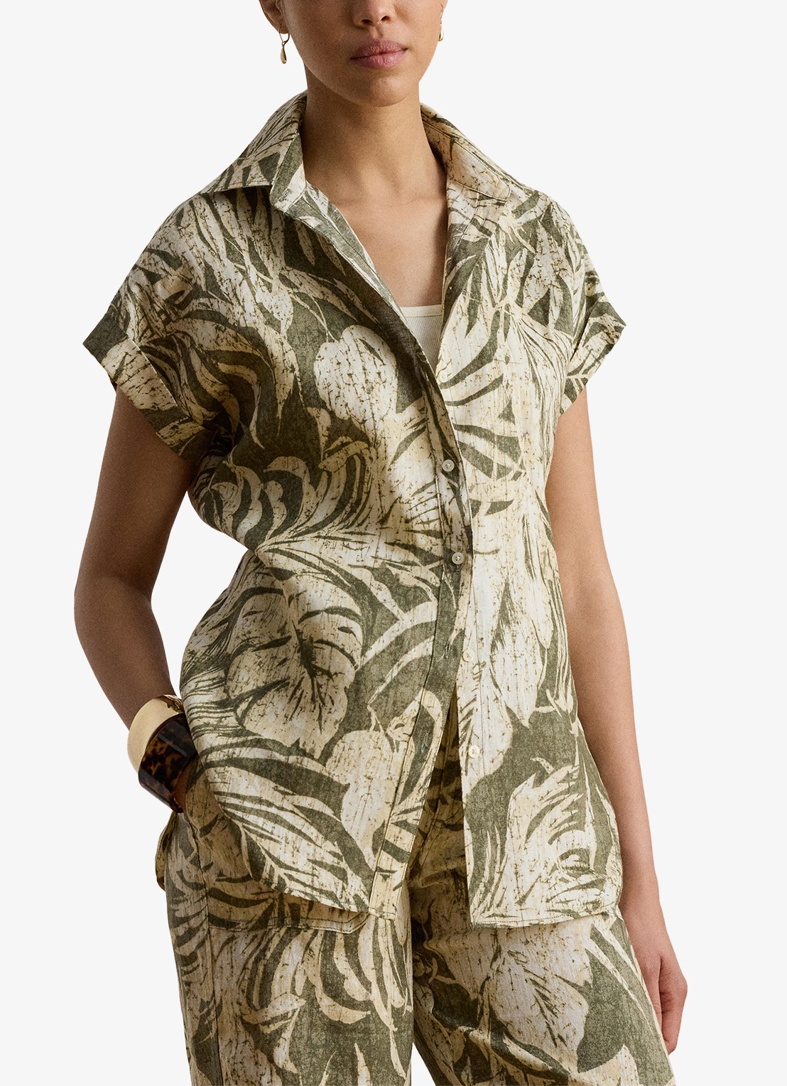 Ralph Lauren Blouse van linnen met bladprint - detail 2 olive grove / groen