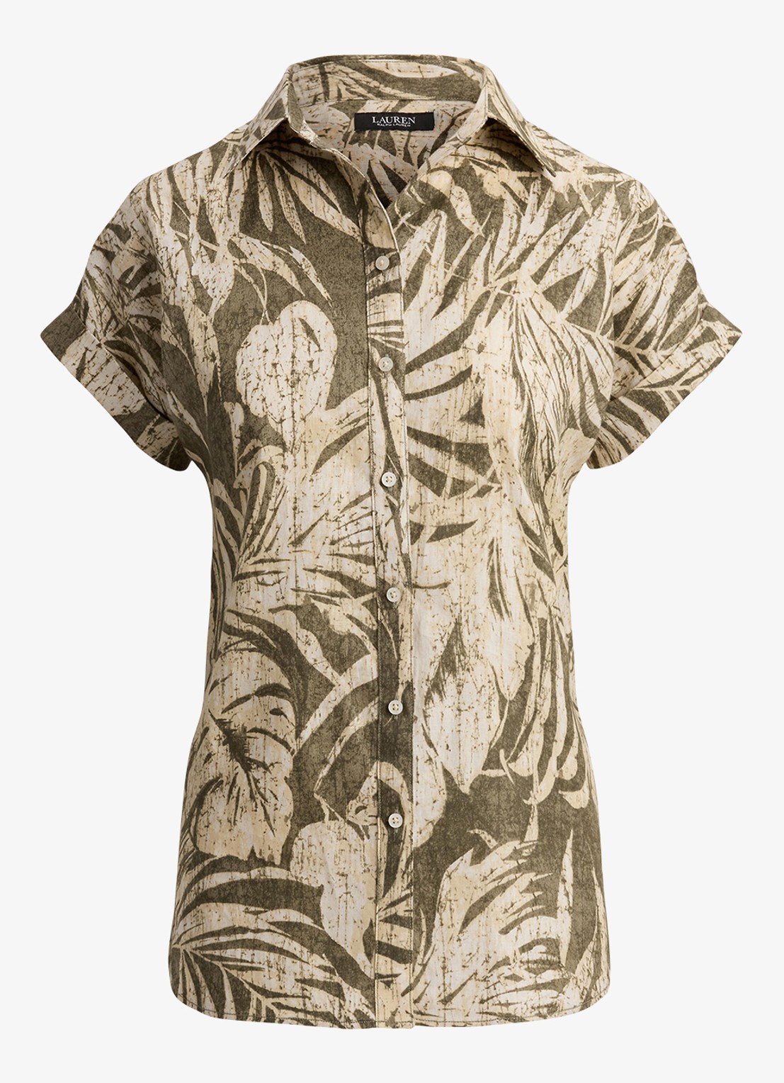 Ralph Lauren Blouse van linnen met bladprint - voorkant 4 olive grove / groen