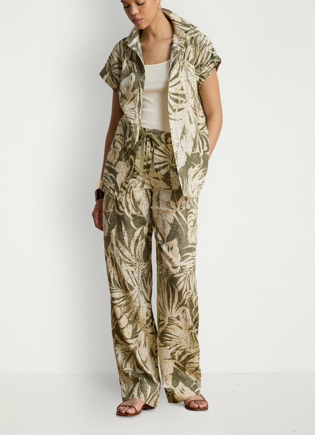 Ralph Lauren Blouse van linnen met bladprint - voorkant 5 olive grove / groen